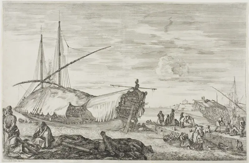 The Galley Covered in Sails, from Views of the Port of Livorno Wall Art by Stefano della Bella - High-Resolution Digital Print