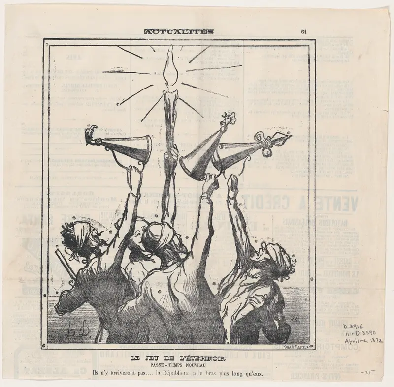 The game with the candle extinguisher, A new pastime: They won't be able to reach it .... the Republic's arms are longer than theirs, from 'News of the day,' published in Le Charivari, April 1-2, 1872 Wall Art by Honoré Daumier - High-Resolution Digital Print