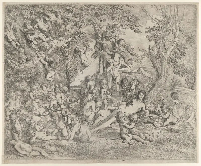 The Garden of Venus who reclines in the centre before a term of Pan and surrounded by cupids Wall Art by Pietro Testa - High-Resolution Digital Print