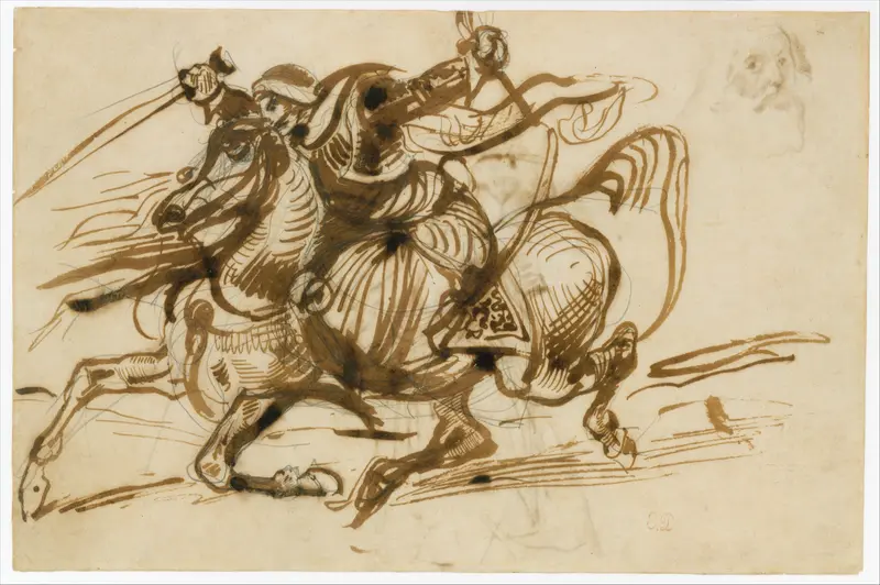 The Giaour on Horseback (recto); Study of a Woman with Head and Arms Thrown Back, and Study of the Head of an Old Man (verso) Wall Art by Eugène Delacroix - High-Resolution Digital Print