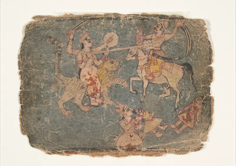 The Goddess Durga Slaying an Enemy; Page from a Dispersed Markandeya Purana (Stories of the Sage Markandeya) Wall Art by Unknown - High-Resolution Digital Print