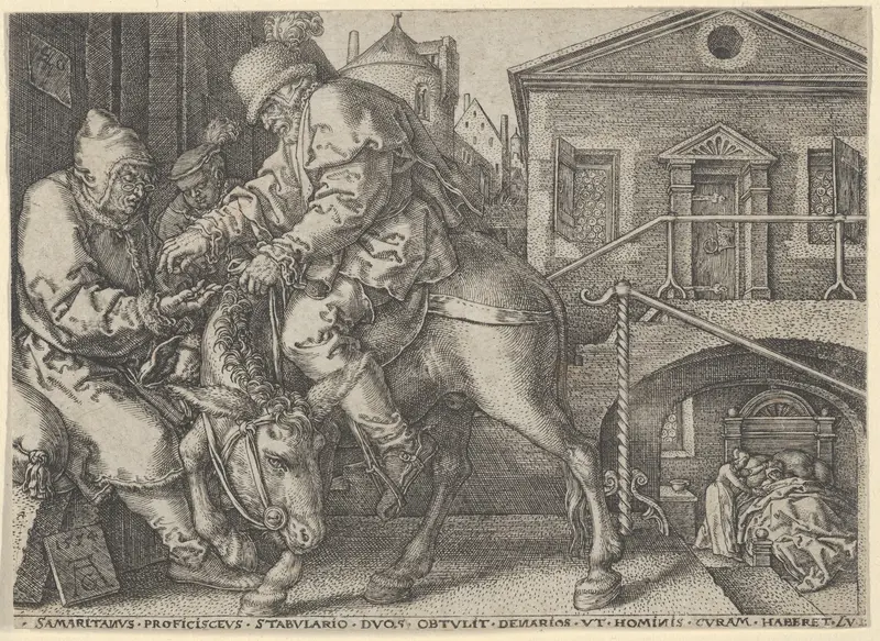 The Good Samaritan Paying the Innkeeper for the Care of the Wounded Man, from "The Parable of the Good Samaritan" Wall Art by Heinrich Aldegrever - High-Resolution Digital Print
