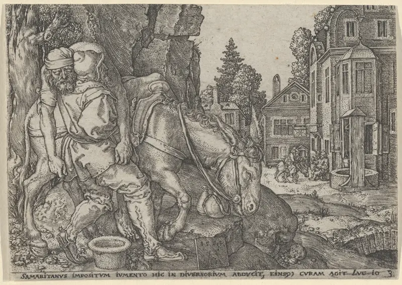 The Good Samaritan Putting the Traveller on His Donkey, from "The Parable of the Good Samaritan" Wall Art by Heinrich Aldegrever - High-Resolution Digital Print