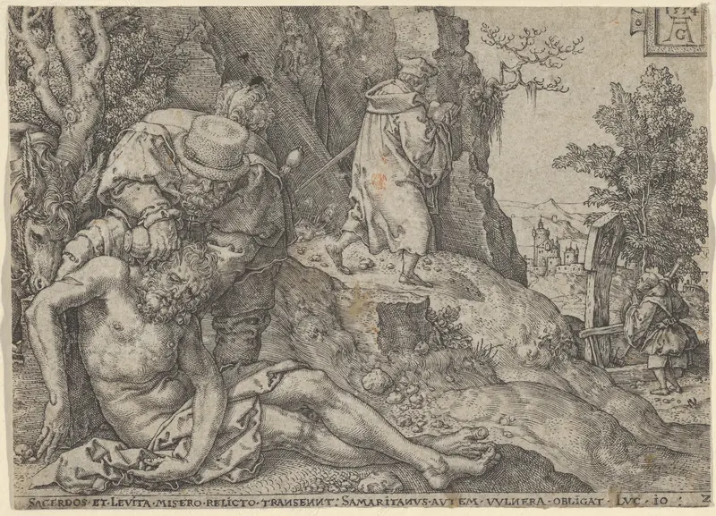 The Good Samaritan Tending the Traveller's Wounds with Oil and Wine or The Priest and the Levite Passing, from "The Parable of the Good Samaritan" Wall Art by Heinrich Aldegrever - High-Resolution Digital Print