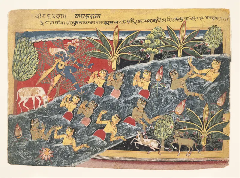 The Gopis Plead with Krishna to Return Their Clothing: Folio from "Isarda" Bhagavata Purana Wall Art by Master of the "Isarda" Bhagavata Purana - High-Resolution Digital Print