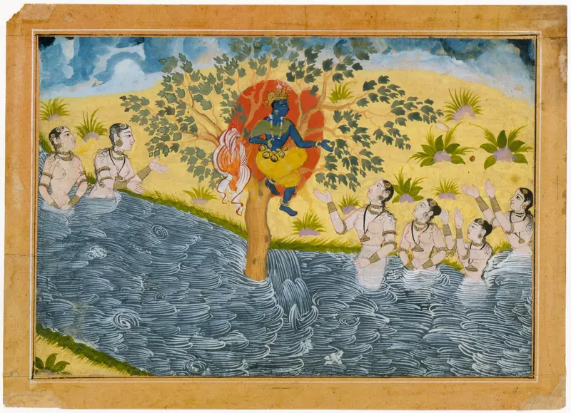 The Gopis Plead with Krishna to Return Their Clothing, Page from a Bhagavata Purana (Ancient Stories of Lord Vishnu) series Wall Art by Unknown - High-Resolution Digital Print