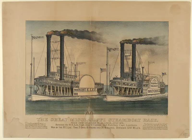 The Great Mississippi Steamboat Race–From New Orleans to St. Louis, July 1870–Between the R.E. Lee, Captain John W. Cannon and Natchez Captain Leathers–Won by the R.E. Lee, Time: 3 Days 18 Hours and 30 Minutes; Distance 1210 Miles. Wall Art by Currier & Ives - High-Resolution Digital Print