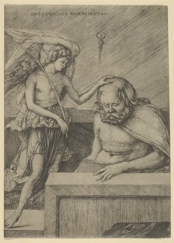 The Guardian Angel: an angel at left placing his hand on the head of a sleeping seated man Wall Art by Jacopo de' Barbari - High-Resolution Digital Print