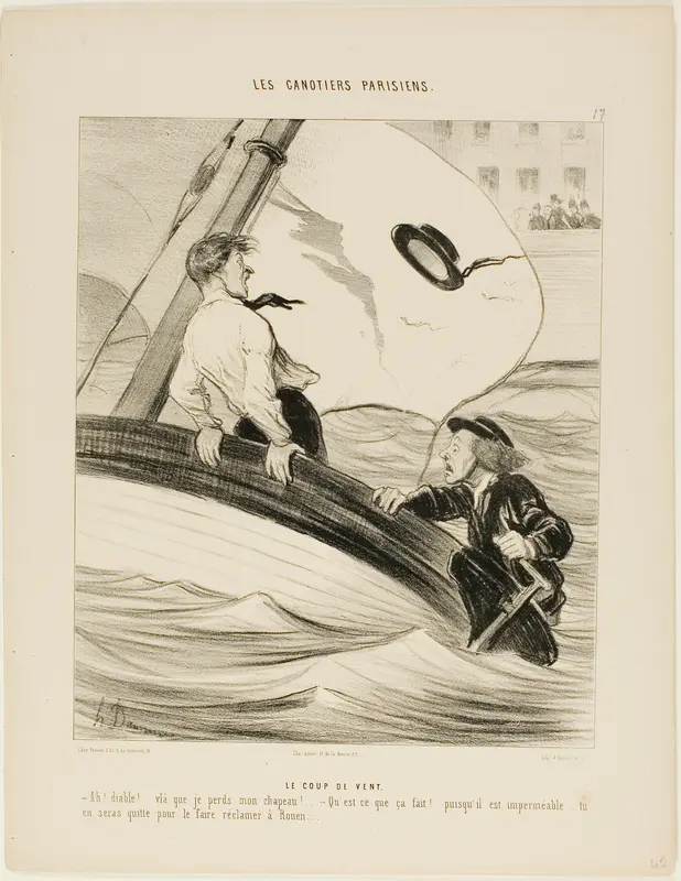 The Gust of Wind. “- Oh blast! I've lost my hat! - Don't worry.... since it is waterpoof.... you won't have a problem reclaiming it at Rouen!,” plate 17 from Les Canotiers Parisiens