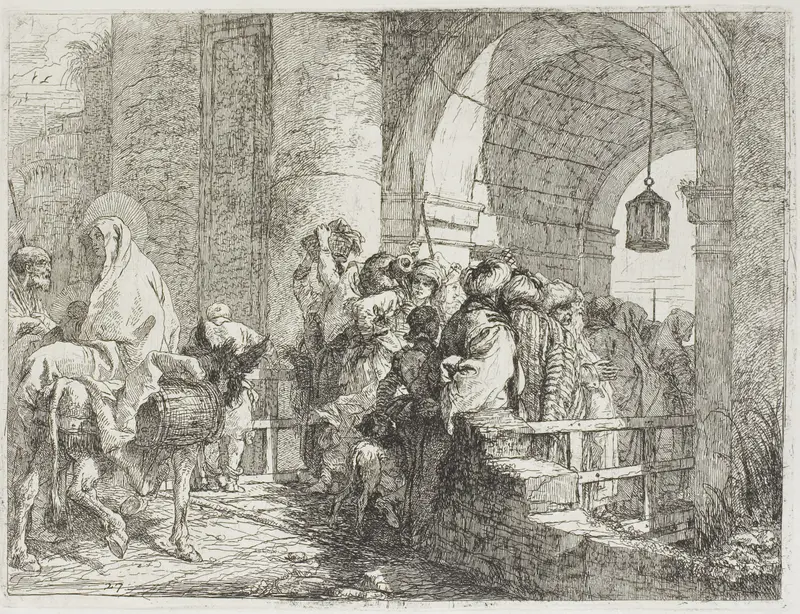 The Holy Family Arriving at a City Gate, plate 27 from The Flight into Eypt Wall Art by Giovanni Domenico Tiepolo - High-Resolution Digital Print