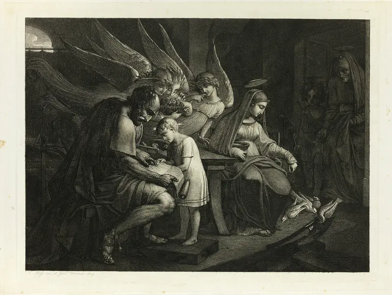 The Holy Family Busy at Home: Joseph Teaches the Boy Jesus to Read. Mary Feeds the Pigeons. Elizabeth Enters the Room with John Wall Art by Carl Russ - High-Resolution Digital Print