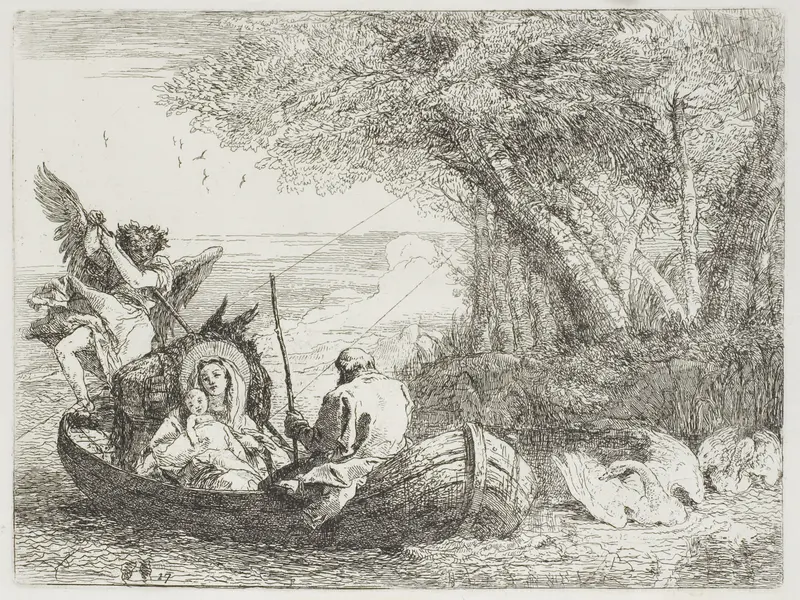 The Holy Family Crossing the Lake in the Boat, plate seventeen from The Flight into Egypt Wall Art by Giovanni Domenico Tiepolo - High-Resolution Digital Print