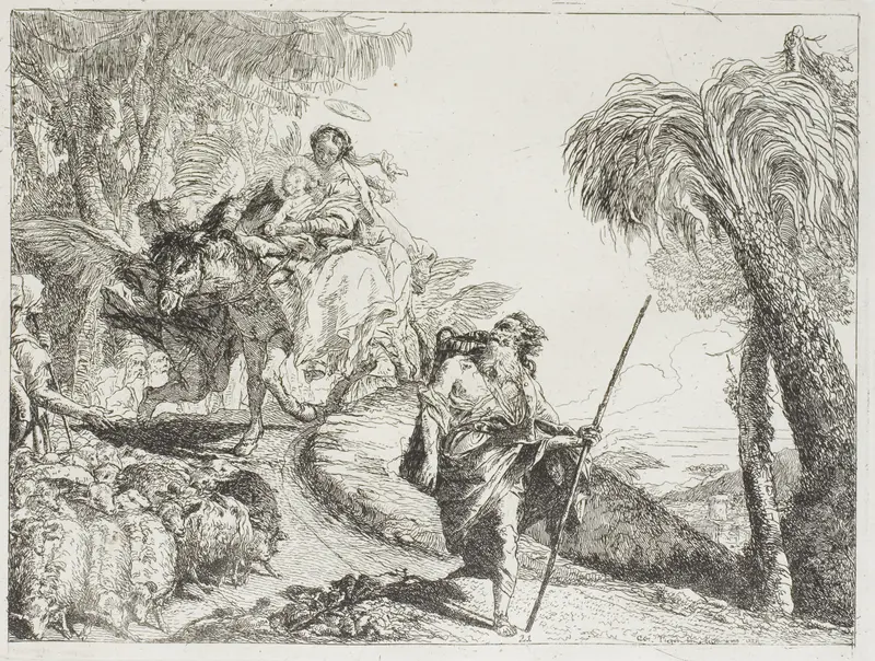 The Holy Family Descending a Forest Path, Near a Flock and Some Shepherds, plate 21 from The Flight into Egypt Wall Art by Giovanni Domenico Tiepolo - High-Resolution Digital Print