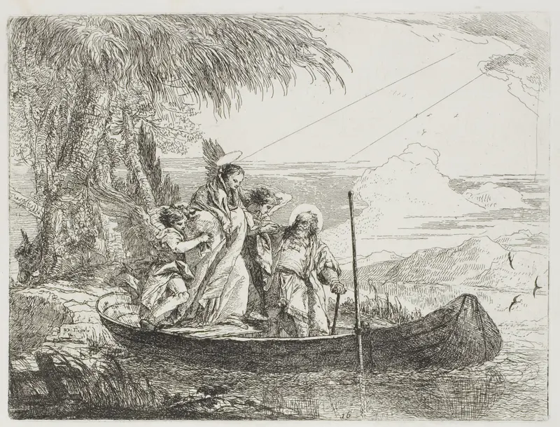 The Holy Family Entering the Boat with the Help of the Angels, plate sixteen from The Flight into Egypt Wall Art by Giovanni Domenico Tiepolo - High-Resolution Digital Print