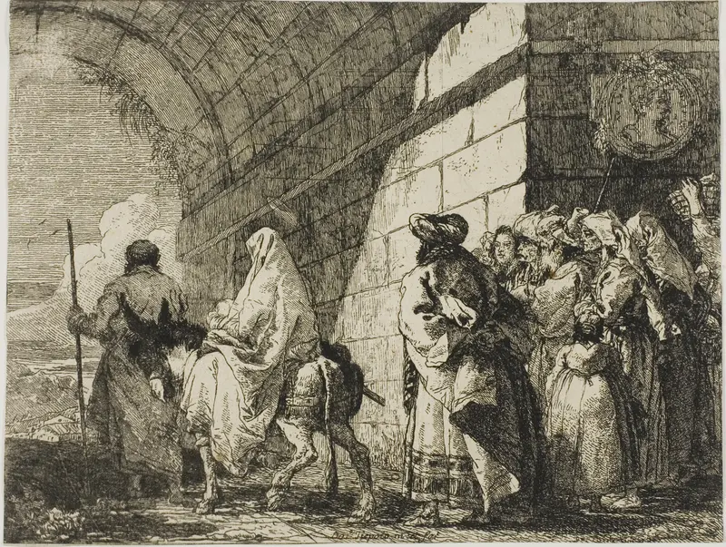 The Holy Family Leaving by a City Gate, plate seven from The Flight into Egypt Wall Art by Giovanni Domenico Tiepolo - High-Resolution Digital Print