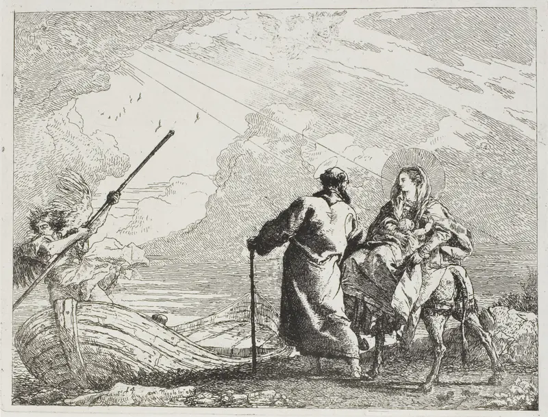 The Holy Family on the Bank of a River, plate fourteen from The Flight into Egypt Wall Art by Giovanni Domenico Tiepolo - High-Resolution Digital Print