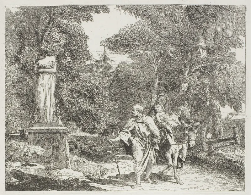 The Holy Family Passing a Statue, the Head of Which Falls to the Ground, plate 22 from The Flight into Egypt Wall Art by Giovanni Domenico Tiepolo - High-Resolution Digital Print