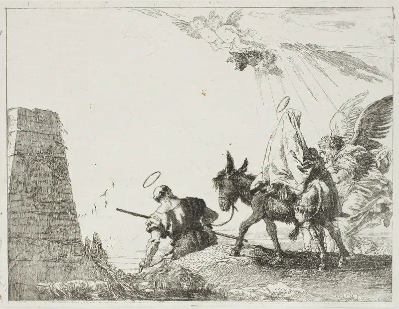 The Holy Family Passing by a Pyramid, plate twenty from The Flight into Egypt Wall Art by Giovanni Domenico Tiepolo - High-Resolution Digital Print
