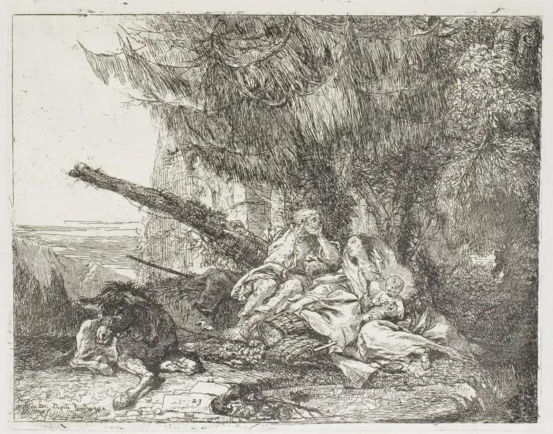 The Holy Family Resting in a Wood, plate 23 from The Flight into Egypt Wall Art by Giovanni Domenico Tiepolo - High-Resolution Digital Print