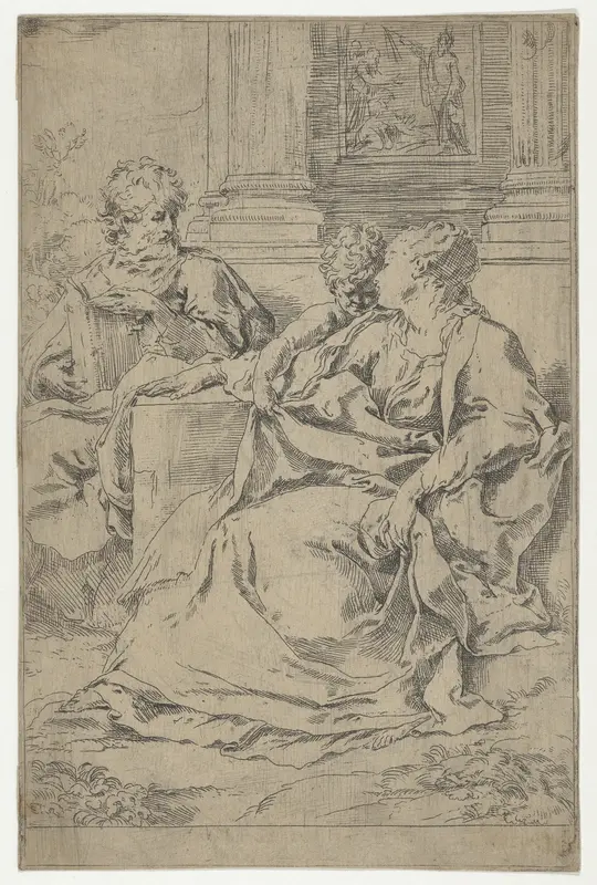 The Holy Family seated together in front of a collonade, Saint Joseph reading and the young Christ grasping the Virgin's drapery Wall Art by Guido Reni - High-Resolution Digital Print