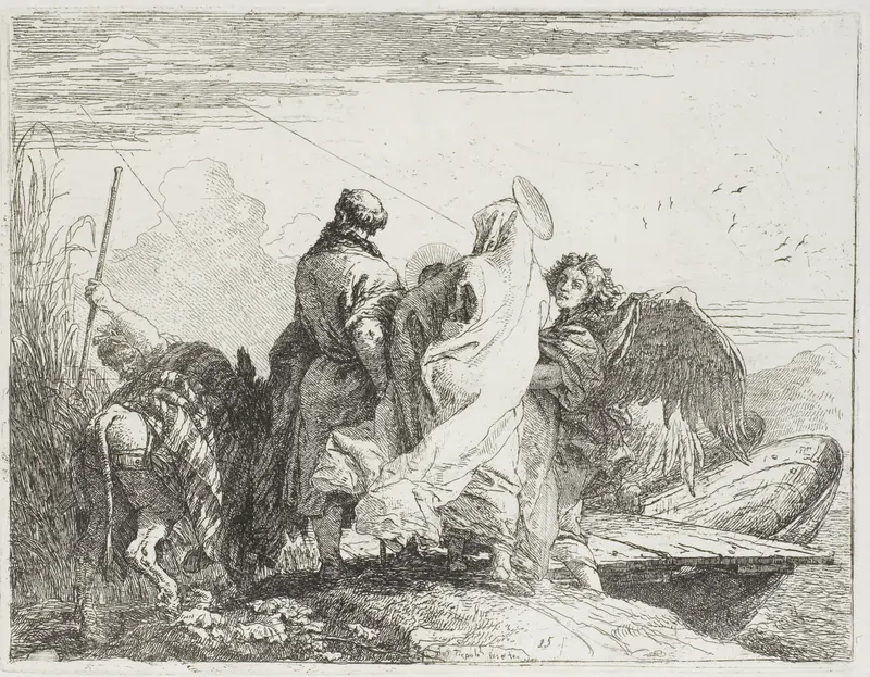 The Holy Family Stepping Off the Bank, plate fifteen from The Flight into Egypt Wall Art by Giovanni Domenico Tiepolo - High-Resolution Digital Print
