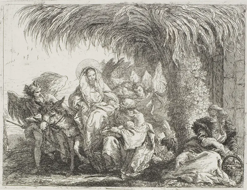 The Holy Family Under a Palm Tree, plate six from The Flight into Egypt Wall Art by Giovanni Domenico Tiepolo - High-Resolution Digital Print