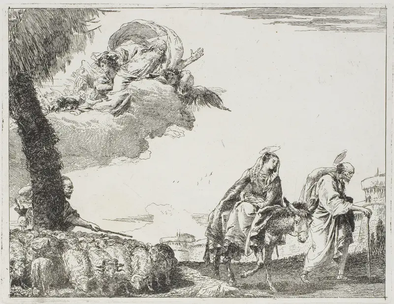 The Holy Family Walking Along a City Wall. On the left, a Shepherd with his Flock and God the Father, plate eight from The Flight into Egypt Wall Art by Giovanni Domenico Tiepolo - High-Resolution Digital Print