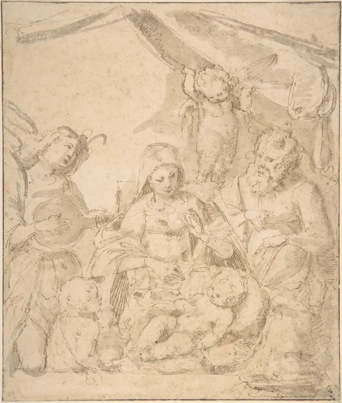 The Holy Family with Angels Wall Art by Anonymous, Italian, 16th century - High-Resolution Digital Print