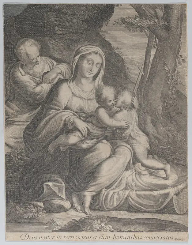 The Holy Family with infant Saint John the Baptist kneeling at right Wall Art by Anonymous - High-Resolution Digital Print