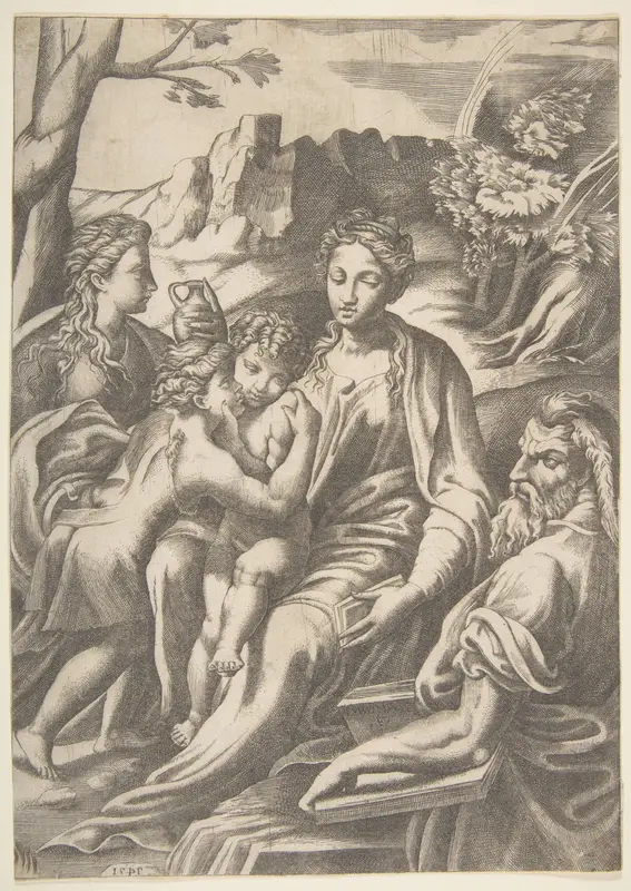 The Holy Family with Mary Magdalene and John the Baptist who embraces Christ Wall Art by Giulio Bonasone - High-Resolution Digital Print
