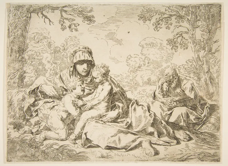 The Holy Family with Saint John the Baptist Wall Art by Simone Cantarini - High-Resolution Digital Print