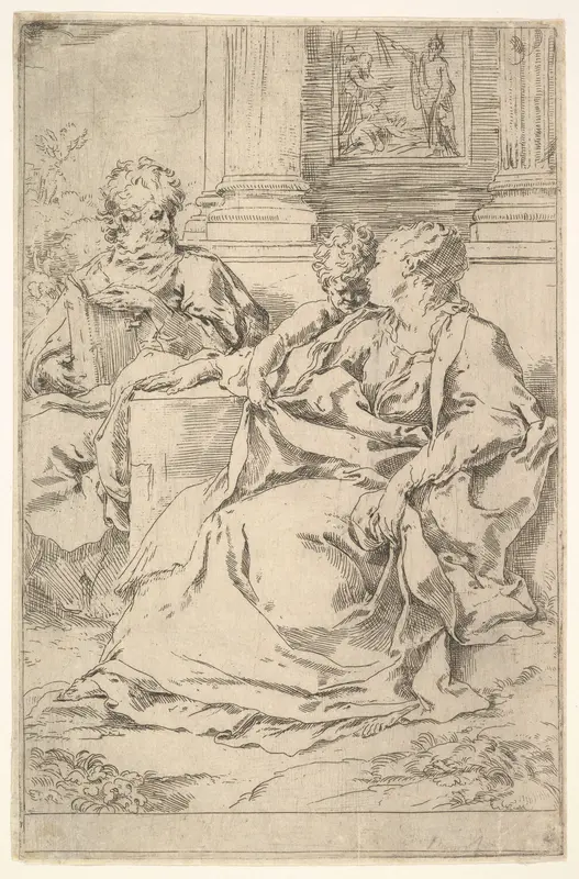 The Holy Family with Scriptural Scene in Background Wall Art by Guido Reni - High-Resolution Digital Print