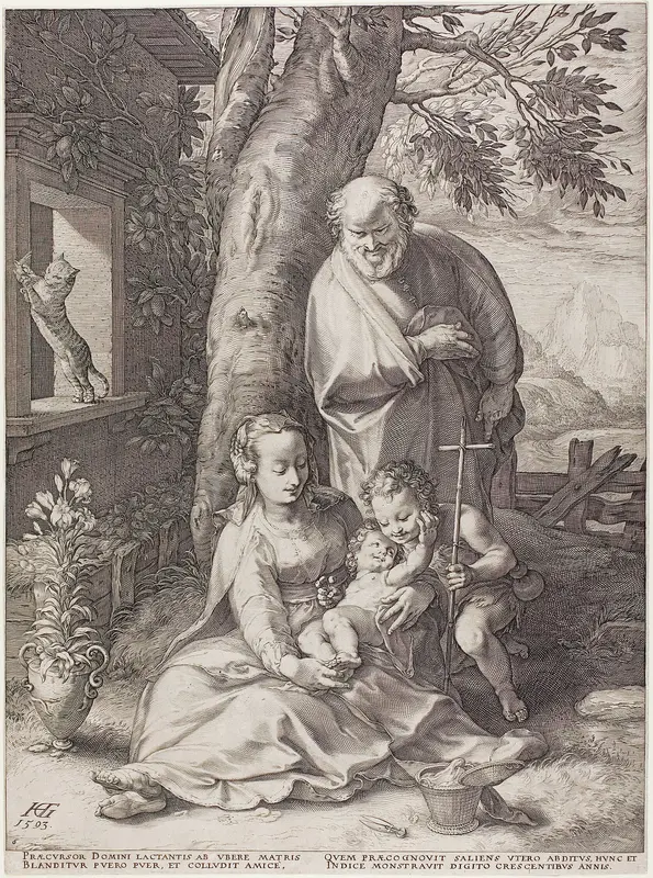 The Holy Family with the Infant John the Baptist, plate six from The Birth and Early Life of Christ Wall Art by Hendrick Goltzius - High-Resolution Digital Print