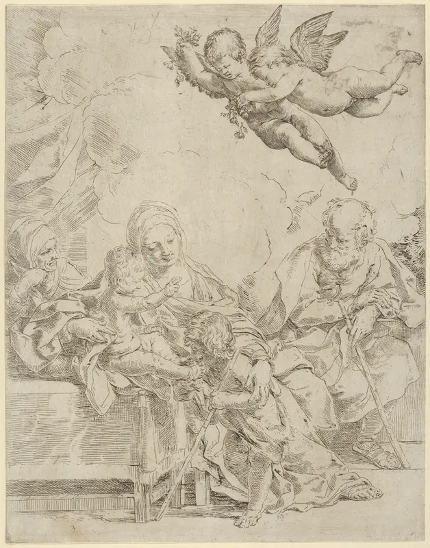 The Holy Family with young John the Baptist and Saint Elizabeth, two angels above Wall Art by Guido Reni - High-Resolution Digital Print