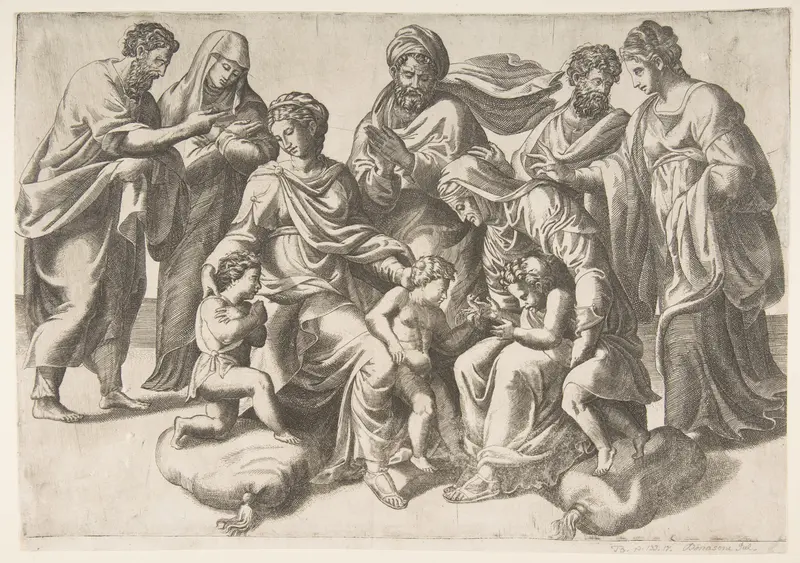 The Holy Kinship, in thecentre the Christ Child takes a bird given to him by the infant John the Baptist Wall Art by Giulio Bonasone - High-Resolution Digital Print