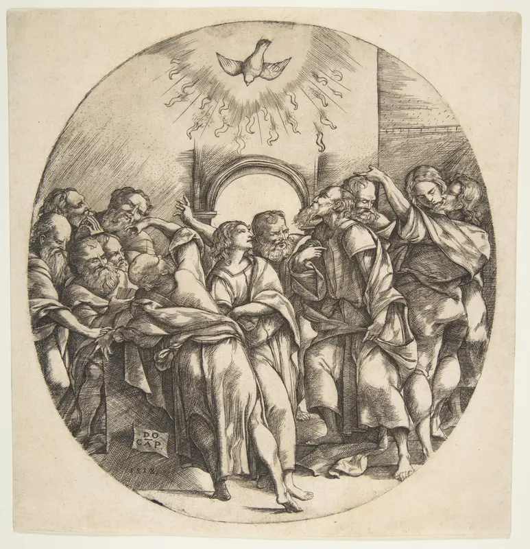 The Holy Spirit as a bird descending with spread wings at top center; the twelve Apostles standing below gesturing to it in front of an archway Wall Art by Domenico Campagnola - High-Resolution Digital Print