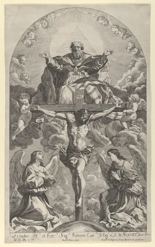 The Holy Trinity; Christ on the cross flanked by two angels, the Holy Spirit as a dove and God in heaven above the cross, a rectangular composition with half-circle at the top, after Reni Wall Art by Robert van Audenaerde - High-Resolution Digital Print