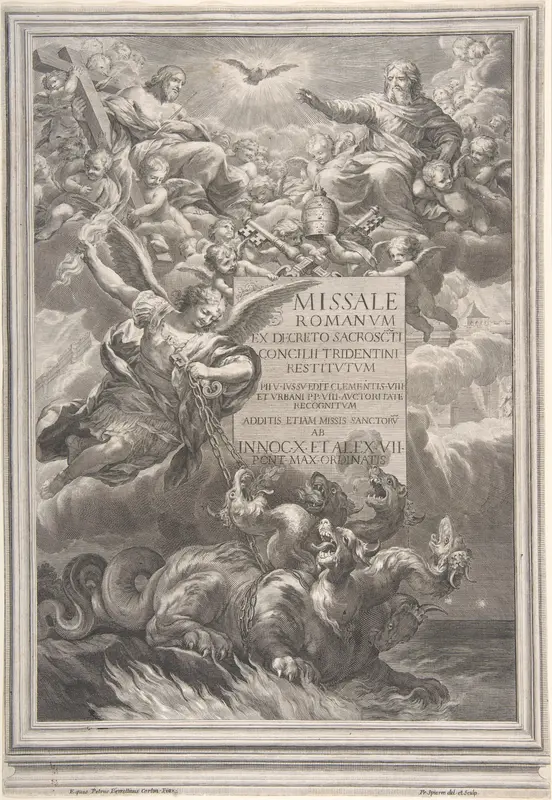 The holy trinity with Saint Michael vanquishing a six-headed dragon, frontispiece to 'Missale Romanum ex decreto sacrosancti Concilii tridentini restitutum' Wall Art by Pietro da Cortona (Pietro Berrettini) - High-Resolution Digital Print