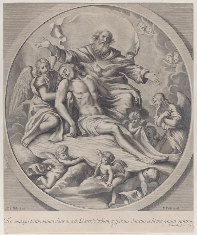 The Holy Trinity, with the dead Christ at center surrounded by angels, God the Father, and the Holy Spirit Wall Art by Anonymous - High-Resolution Digital Print