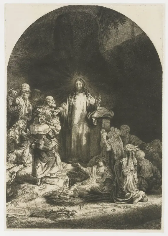The Hundred Guilder Print: the central piece with Christ preaching, the plate arched by Rembrandt van Rijn - High-Resolution Digital Print
