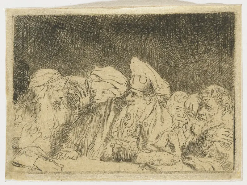 The Hundred Guilder Print: the figures leaning on the wall in the centre left by Rembrandt van Rijn - High-Resolution Digital Print