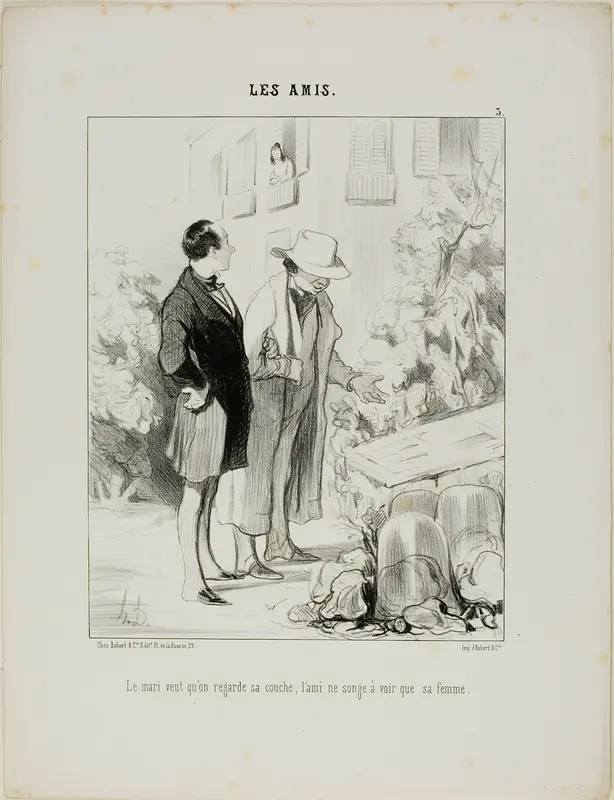 The husband wants him to look at his hot-bed, the friend only dreams of seeing his wife, plate 3 from Les Amisa