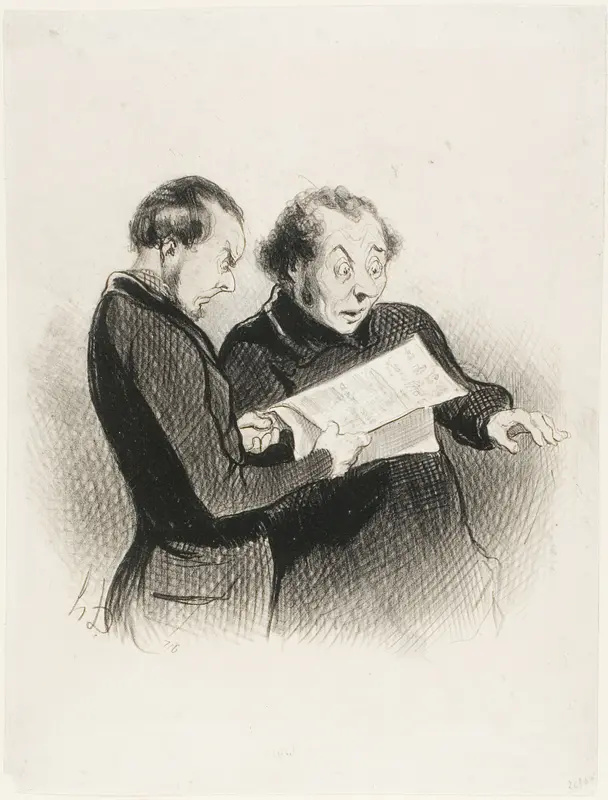 The Illustrated Rebus. “- Singular! I cannot guess the rebus in today's Charivari! - I think I have one word - I have several words - I have it all! I must run and tell my wife,” plate 39 from Les Beaux Jours De La Vie
