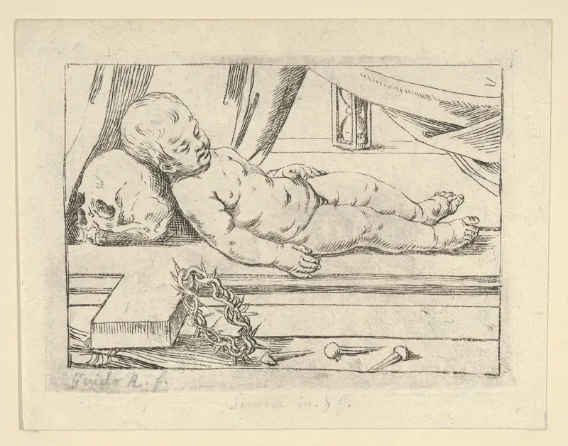 The infant Christ asleep on a cross, his head resting on a skull, a crown of thorns and nails in the foreground Wall Art by Anonymous, Italian, 17th century - High-Resolution Digital Print