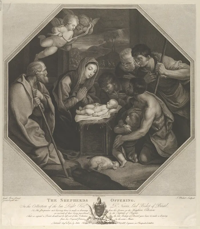 The infant Christ lying on a wooden box, the Virgin kneeling in prayer before him, Saint Joseph at left, shepherds at right, in an octagonal frame, after Reni Wall Art by Jean-Baptiste Michel - High-Resolution Digital Print
