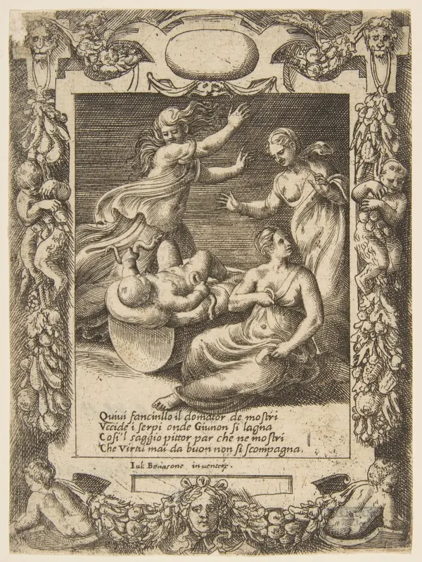 The infant Hercules killing the snakes, set within an elaborate frame, from "Loves, Rages and Jealousies of Juno" Wall Art by Giulio Bonasone - High-Resolution Digital Print
