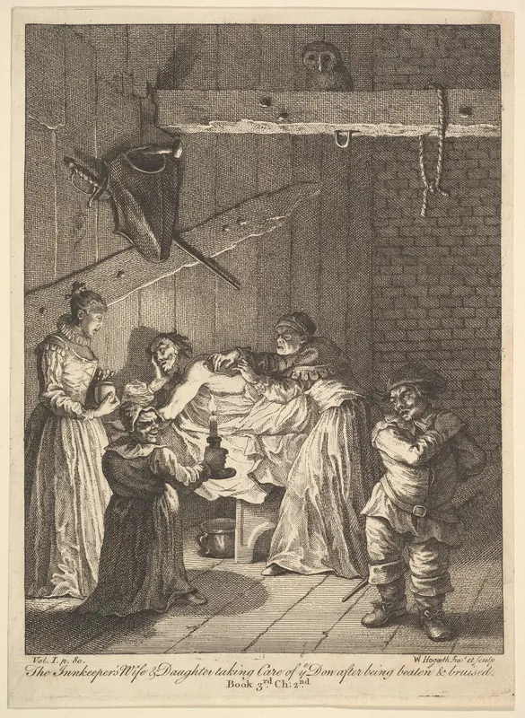 The Innkeeper's Wife and Daughter Taking Care of ye Don after Being Beaten and Bruised (Six Illustrations for Don Quixote) Wall Art by William Hogarth - High-Resolution Digital Print