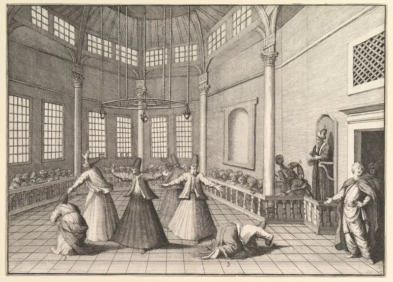 The Inside of a Mosque, the Dervishes Dancing  (Aubry de La Mottraye's "Travels throughout Europe, Asia and into Part of Africa...,"  London, 1724, vol. I, pl. 16) Wall Art by William Hogarth - High-Resolution Digital Print