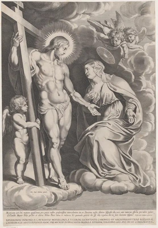 The Intercession of the Virgin, kneeling on a cloud at right before Christ, standing at left holding the cross Wall Art by Egbert Van Panderen - High-Resolution Digital Print