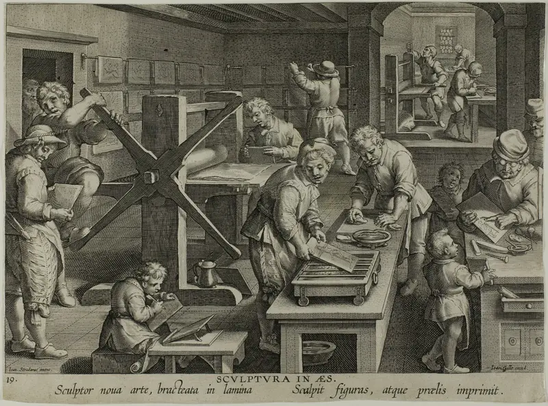 The Invention of Copper Engraving, from Nova Reperta Wall Art by Theodoor Galle - High-Resolution Digital Print